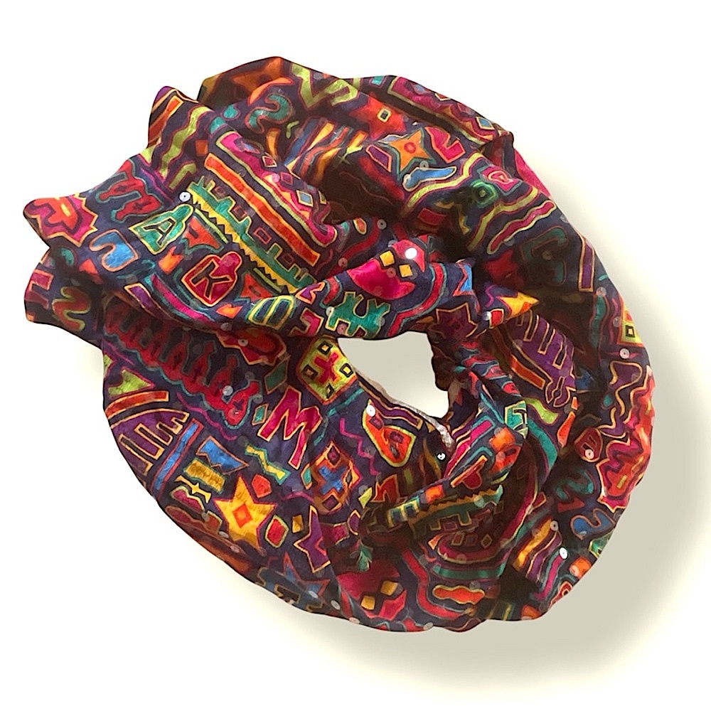 Beautiful silk fabric bright print sequined embellish for craft scarf  1+ yd